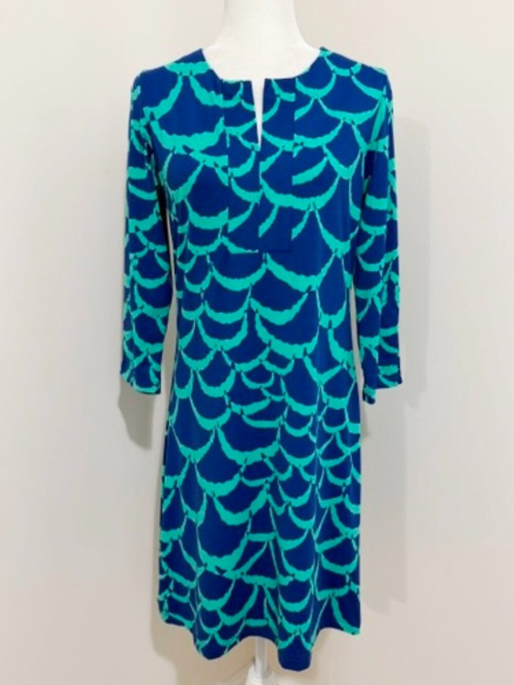 Barbara Gerwit Blue Green Scallop Print Dress 3/4 Sleeves Women's Size L